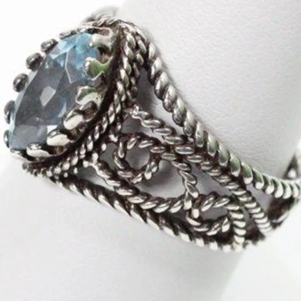 Vintage AVON 925 Silver Marquise Blue Topaz Rope Filigree Ring